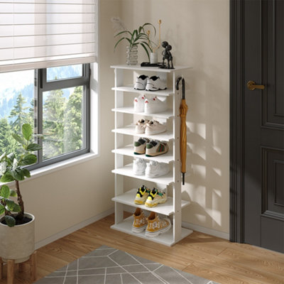 8 Tier Rectangular Stable and Heavy-duty White Particle Board Shoe Rack with Hooks