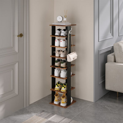 8 Tier Square Stable and Heavy-duty Original Wood Color Particle Board Shoe Rack with Hooks