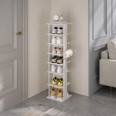 8 Tier Square Stable and Heavy-duty White Particle Board Shoe Rack with Hooks