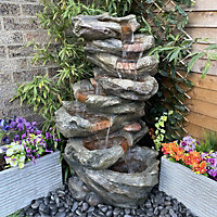8 Tier Wood Effect Water Feature - Mains Powered - Resin - L45 x W61 x H109 cm