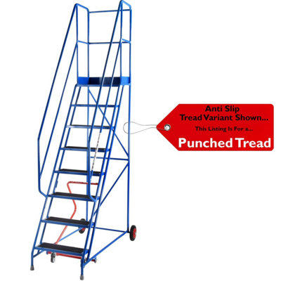 8 Tread Mobile Warehouse Safety Ladder with Punched Steps - EN131-7 Blue