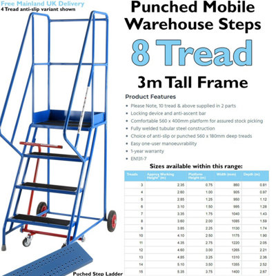 8 Tread Mobile Warehouse Stairs Punched Steps 3m EN131 7 BLUE Safety Ladder