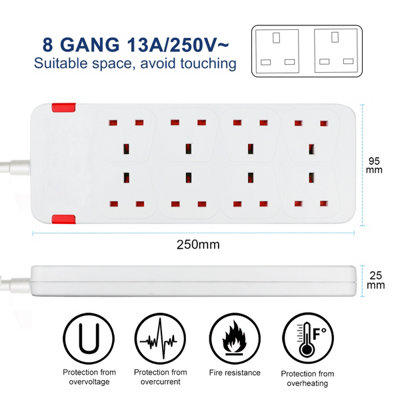8 Way Socket 13A, 5M, White, with Indicate Light, Child-Resistant Sockets