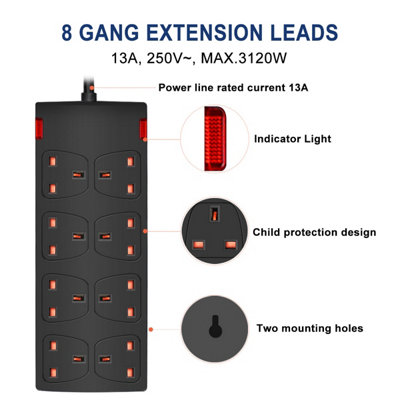 8 Way Socket with Cable 3G1.25,1M,Black,with Indicate Light, Child Resistant Sockets