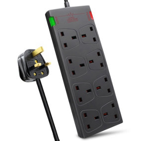 8 Way Socket with Cable 3G1.25,1M,Black,with Power Indicater,Child Resistant Sockets,Surge Indicator