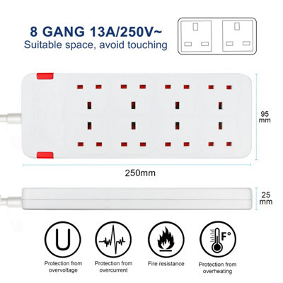 8 Way Socket with Cable 3G1.25,1M,White,with Indicate Light, Child Resistant Sockets