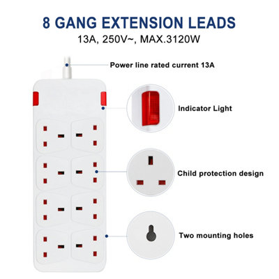 8 Way Socket with Cable 3G1.25,2M,White,with Indicate Light, Child Resistant Sockets