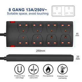 8 Way Socket with Cable 3G1.25,3M,Black,with Power Indicater,,Child Resistant Sockets,Surge Indicator