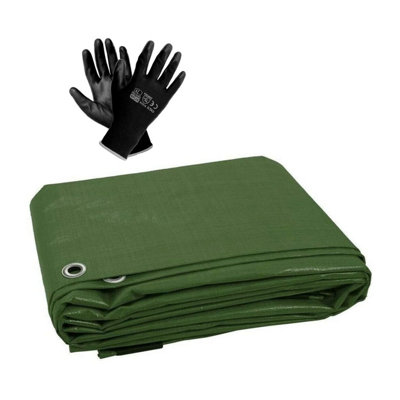 8 x 10 m Tarpaulin Cover - Green 90GSM - Waterproof, Weatherproof, Frost-Resistant, UV Protection + Work Gloves