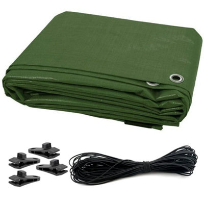 8 x 10m Tarpaulin Waterproof Heavy Duty Cover Ground Sheet Camping with 4 Tarp Clips + 10m / 30ft Bungee Cord (Green - 90GSM)