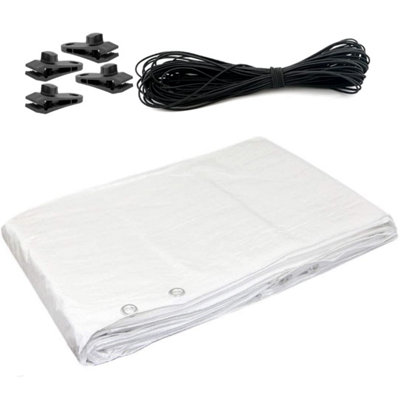 8 x 10m Tarpaulin Waterproof Heavy Duty Cover Ground Sheet Camping with 4 Tarp Clips + 10m / 30ft Bungee Cord (White - 90GSM)