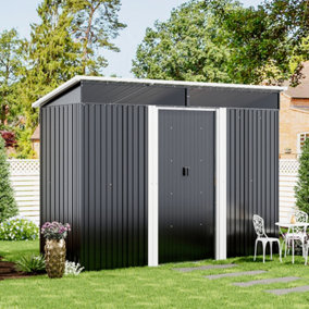 8 x 4 ft Metal Garden Storage Shed Pent Roof Double Lockable Sliding Doors with Foundation Base, Charcoal Black