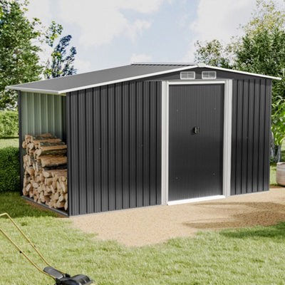 8 x 4 ft Metal Shed Garden Storage Shed Apex Roof Double Door with 4.3 x 2.1 ft Log Store,Black