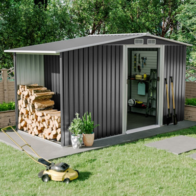 8 x 4 ft Metal Shed Garden Storage Shed Apex Roof Double Door with 4.3 x 2.1 ft Log Store,Black
