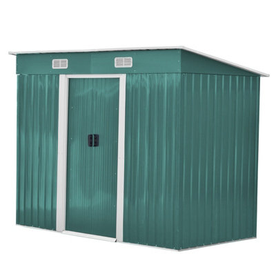 8 x 4 ft Pent Metal Garden Shed Outdoor Tool Storage House with Lockable Door and Base Frame, Dark Green