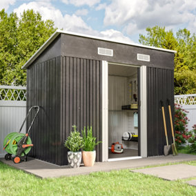 8 x 4 ft Pent Metal Garden Storage Shed Tool Storage with Lockable Door and Base Frame, Charcoal Black