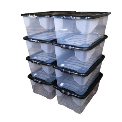 8 x 42L Clear Storage Box with Black Lid, Stackable and Nestable Design Storage Solution