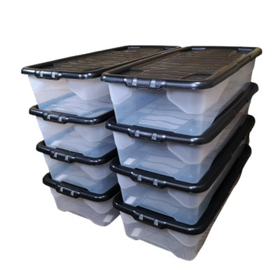8 x 42L Clear Under Bed Storage Box with Black Lid Stackable and Nestable Design Storage
