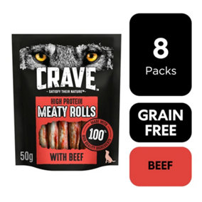 8 x 50g Crave Natural Grain Free Meaty Rolls Adult Dog Treats Beef Dog Chews