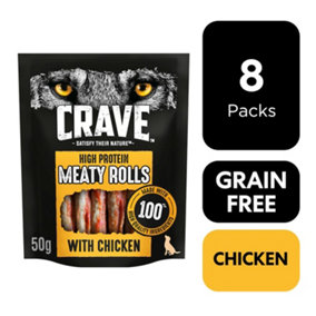 8 x 50g Crave Natural Grain Free Meaty Rolls Adult Dog Treats Chicken Dog Chews
