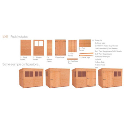 8 x 6 (2.38m x 1.75m) Wooden Tongue and Groove PENT Shed + Double Doors (12mm T&G Floor and Roof) (8ft x 6ft) (8x6)