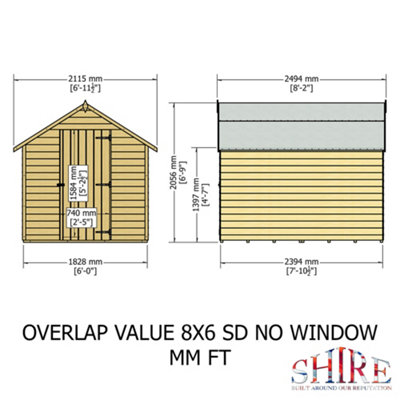 8 x 6 Feet Overlap Dip Treated Value Range Apex Shed Single Door - 7