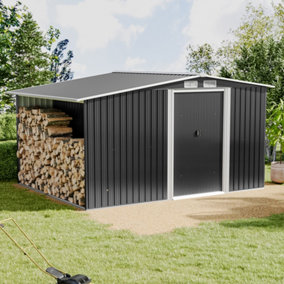 8 x 6 ft Metal Shed Garden Storage Shed Apex Roof Double Door with 6.7 x 2.1 ft Log Store, Black