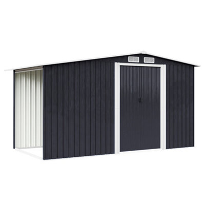 8 x 6 ft Metal Shed Garden Storage Shed Apex Roof Double Door with 6.7 x 2.1 ft Log Store, Black