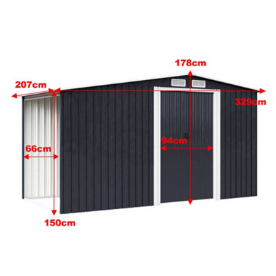 8 x 6 ft Metal Shed Garden Storage Shed Apex Roof Double Door with 6.7 x 2.1 ft Log Store, Black