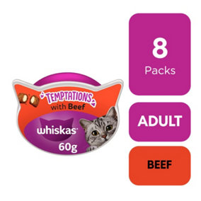 8 x 60g Whiskas Temptations Adult Cat Treats Beef Cat Biscuits 480g