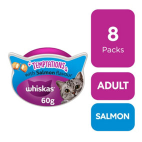 8 x 60g Whiskas Temptations Adult Cat Treats Salmon Cat Biscuits 480g