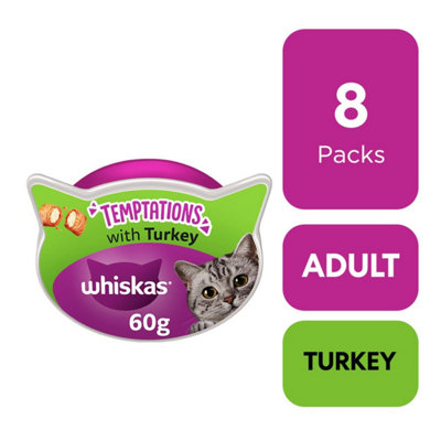 8 x 60g Whiskas Temptations Adult Cat Treats Turkey Cat Biscuits 480g