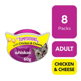 8 x 60g Whiskas Temptations Cat Treats Chicken & Cheese Cat Biscuits 480g