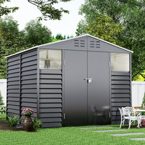 8 x 8.5 ft Apex Metal Garden Storage Shed Outdoor Tool Storage House Double Door with 2 Windows,Charcoal Black
