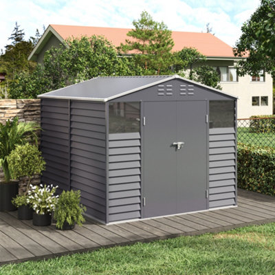 8 x 8.5 ft Apex Metal Garden Storage Shed Outdoor Tool Storage House Double Door with 2 Windows,Charcoal Black