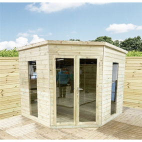 8 x 8 Corner Pressure Treated T&G Pent Summerhouse + Safety Toughened Glass + Euro Lock with Key (8' x 8' / 8ft x 8ft)
