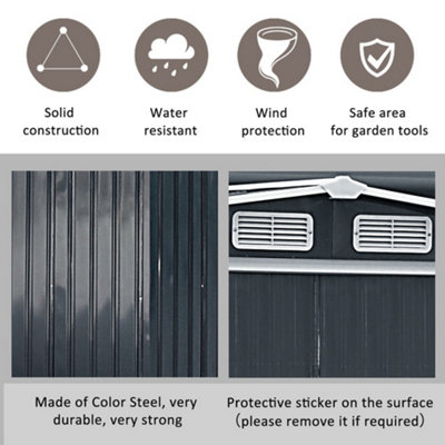 8 x 8 ft Metal Shed Garden Storage Shed Apex Roof Double Door with Base Foundation, Charcoal Black