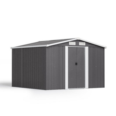 8 x 8 ft Metal Shed Garden Storage Shed Apex Roof Double Door with Base Foundation, Charcoal Black