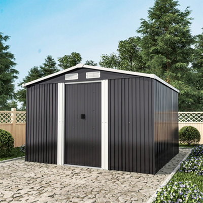 8 x 8 ft Metal Shed Garden Storage Shed Apex Roof Double Door with Base Foundation, Charcoal Black