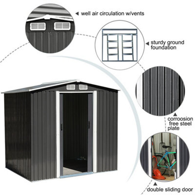 8 x 8 ft Metal Shed Garden Storage Shed Apex Roof Double Door with Base Foundation, Charcoal Black