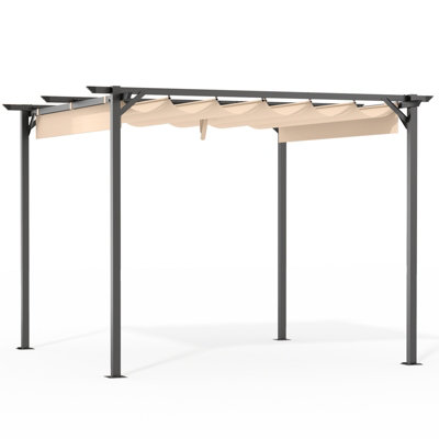 8 x 8 FT Pergola with Retractable Sun Shade Canopy Outdoor Metal Shelter Gazebo-Beige