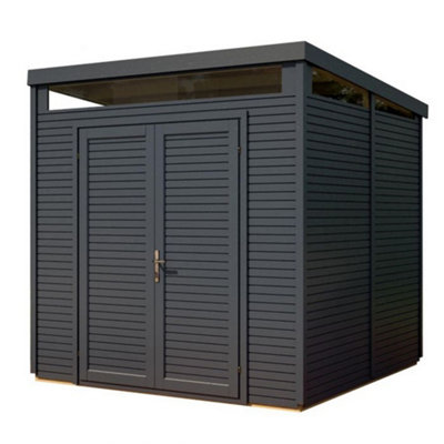 8 X 8 Pent Security Shed - Painted Anthracite - Double Doors - 19mm Tongue And Groove