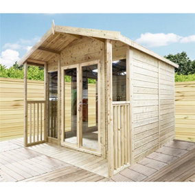 8 x 8 Pressure Treated T&G Apex Wooden Summerhouse + Overhang + Verandah + Lock & Key (8' x 8') / (8ft x 8ft) (8x8 )