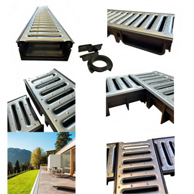 8 x Black channel with galvanised Steel Grate Ultra Low Profile Shallow Flow Drain Plastic Grating 50mm Deep x 1m Length x 125mm