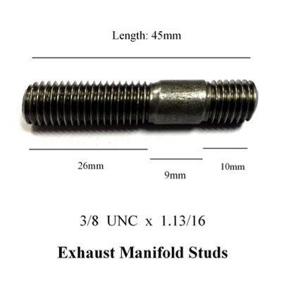 8 x Exhaust Inlet Manifold Studs 3/8 UNC x 1.13/16. Length: 45mm - 26mm x 9mm x 10mm