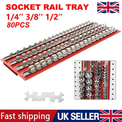 80 Piece Socket Rail Tray Organiser for 1/4", 3/8", 1/2" Drive Sockets