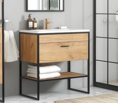 800 Bathroom Vanity Sink Unit Cabinet with Basin Black Steel Oak Freestanding Loft Industrial Brook