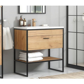 800 Bathroom Vanity Sink Unit Cabinet with Basin Black Steel Oak Freestanding Loft Industrial Brook