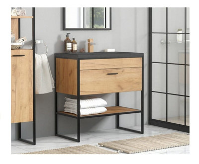 800 Bathroom Vanity Sink Unit Cabinet with Black Basin Steel Oak Finish Freestanding Loft Industrial Brook