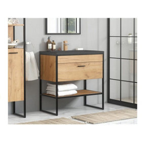 800 Bathroom Vanity Sink Unit Cabinet with Black Basin Steel Oak Finish Freestanding Loft Industrial Brook